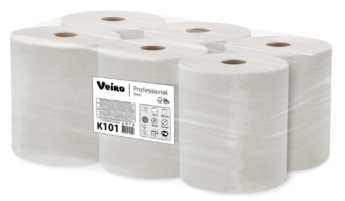 K101 Бумажные полотенца в рулонах Veiro Professional Basic, 6 рул. х 180 м, однослойные, натурального цвета, 38 г/м²