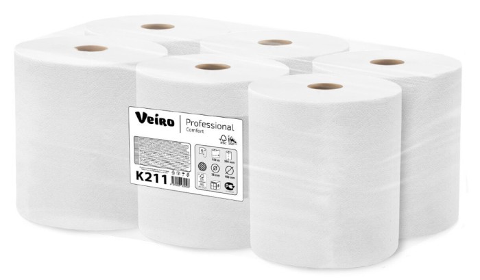 K211 Бумажные полотенца в рулонах Veiro Professional Comfort, 6 рул. х 150 м, однослойные, белые, 32 г/м²