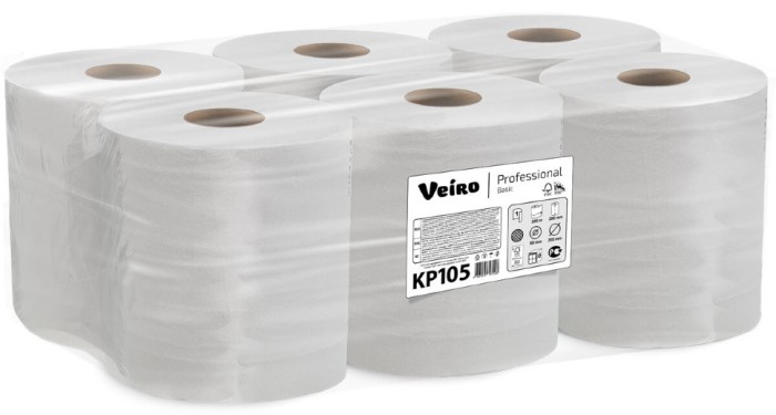 KP105 Бумажные полотенца в рулонах с центральной вытяжкой Veiro Professional Basic, 6 рул. х 300 м, однослойные, белые, 27 г/м²