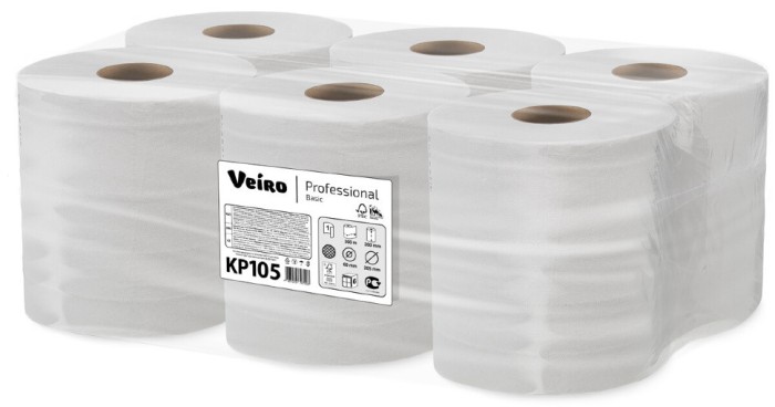 KP105 Бумажные полотенца в рулонах с центральной вытяжкой Veiro Professional Basic, 6 рул. х 300 м, однослойные, белые, 27 г/м²