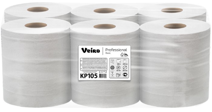 KP105 Бумажные полотенца в рулонах с центральной вытяжкой Veiro Professional Basic, 6 рул. х 300 м, однослойные, белые, 27 г/м²