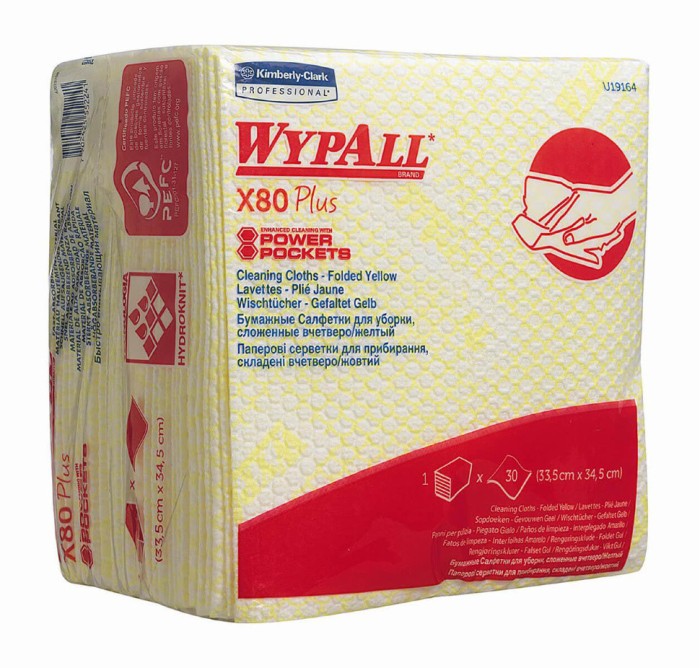19164 Нетканый протирочный материал WypAll X80 Plus, 8 пач. х 30 л, 35.5 × 33.5 см, желтый, 129,6 г/м²