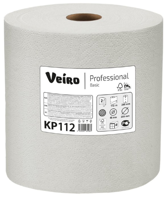 KP112 Бумажные полотенца в рулонах Veiro Professional Basic, 6 рул. х 172 м, двухслойные, натурального цвета