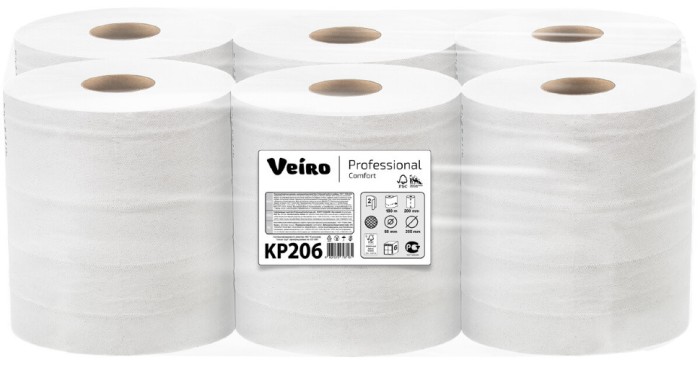 KP206 Бумажные полотенца в рулонах с центральной вытяжкой Veiro Professional Comfort, 6 рул. х 180 м, двухслойные, белые, 40 г/м²