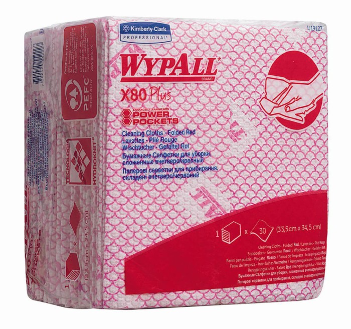 19127 Нетканый протирочный материал WypAll X80 Plus, 8 пач. х 30 л, 35.5 × 33.5 см, красный, 129,6 г/м²