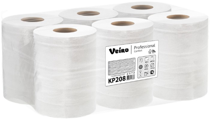 KP208 Бумажные полотенца в рулонах с центральной вытяжкой Veiro Professional Comfort, 6 рул. х 100 м, двухслойные, белые, 40 г/м²