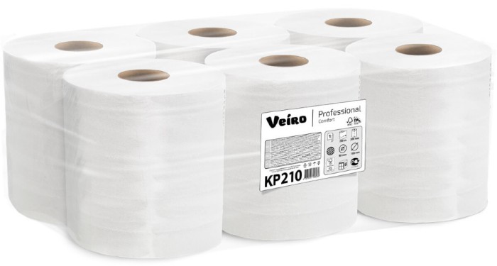 KP210 Бумажные полотенца в рулонах с центральной вытяжкой Veiro Professional Comfort, 6 рул. х 200 м, однослойные, белые, 31 г/м²