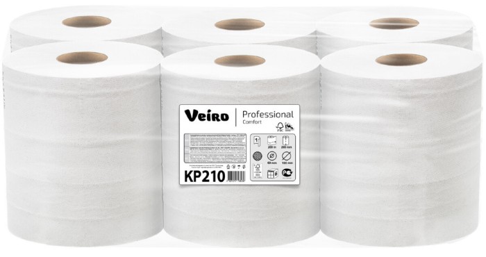 KP210 Бумажные полотенца в рулонах с центральной вытяжкой Veiro Professional Comfort, 6 рул. х 200 м, однослойные, белые, 31 г/м²