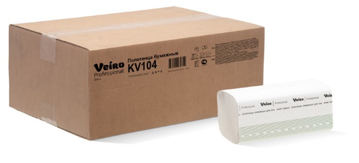 KV104 Бумажные полотенца в пачках Veiro Professional Basic, 20 пач. х 250 л, 21 × 21.6 см, однослойные, цвет натуральный, 33 г/м²