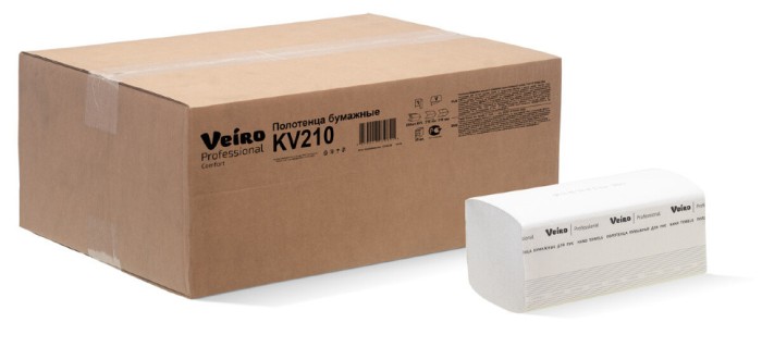 KV210 Бумажные полотенца в пачках Veiro Professional Comfort 20 пач. х 250 л, 21 × 21.6 см, однослойные, цвет белые, 33 г/м²
