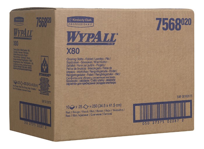 7568 Нетканый протирочный материал WypAll X80, 1 пач. х 25 л, 41 × 33 см, красный, 129,6 г/м²