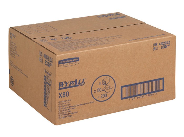 8388 Нетканый протирочный материал WypAll X80, 4 пач. х 50 л, 30.5 × 31.8 см, белый, 105 г/м²