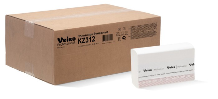 KZ312 Бумажные растворимые полотенца в пачках Veiro Professional Premium, 21 пач. х 200 л, 22.5 × 21.3 см, двухслойные, белые , 40 г/м²