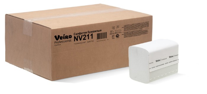 NV211 Салфетки бумажные обеденные Veiro Professional Comfort, 15 пач. х 220 л, 21 × 16.2 см, двухслойные, белые, 34 г/м²