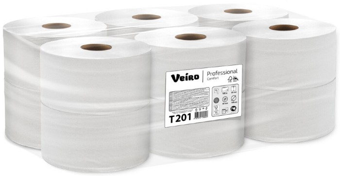 T201 Туалетная бумага в больших рулонах Veiro Professional Comfort, 12 рул. х 200 м, однослойная, белая, 22 г/м² 