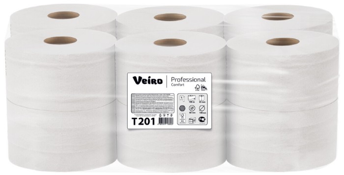 T201 Туалетная бумага в больших рулонах Veiro Professional Comfort, 12 рул. х 200 м, однослойная, белая, 22 г/м²