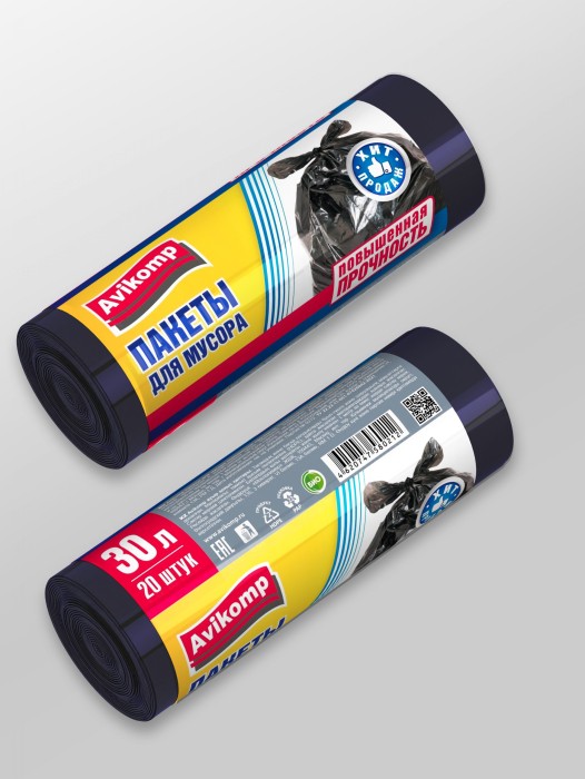 0212 Пакеты Avikomp для мусора повышенной прочности Popular, ПНД, 30 л, 20 шт/рул., черные