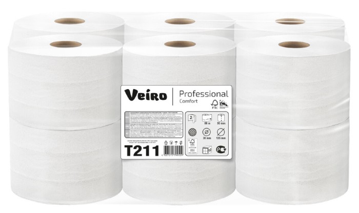 T211 Туалетная бумага в стандартных рулонах Veiro Professional Comfort, 12 рул. х 80 м, двухслойная, белая, 34 г/м²