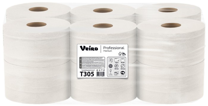 T305 Туалетная бумага в средних рулонах Veiro Professional Premium, 12 рул. х 170 м, двухслойная, белая, 33 г/м²
