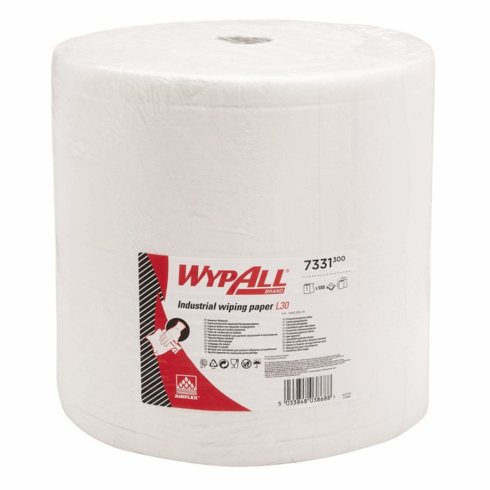 7331 Протирочная бумага WypAll L30, 1 рул. х 1000 л, 38 × 37 см, трёхслойная белая, 52,5 г/м²