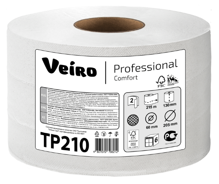 TP210 Туалетная бумага в больших рулонах с центральной вытяжкой Veiro Professional Comfort, 6 рул. х 125 м, двухслойная, белая, 34 г/м²