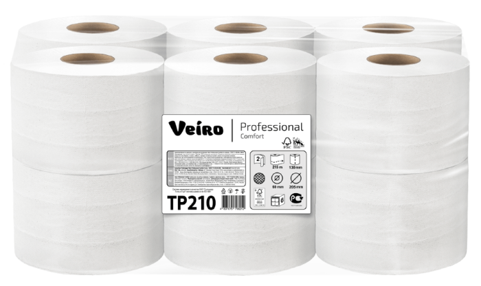 TP210 Туалетная бумага в больших рулонах с центральной вытяжкой Veiro Professional Comfort, 6 рул. х 125 м, двухслойная, белая, 34 г/м²