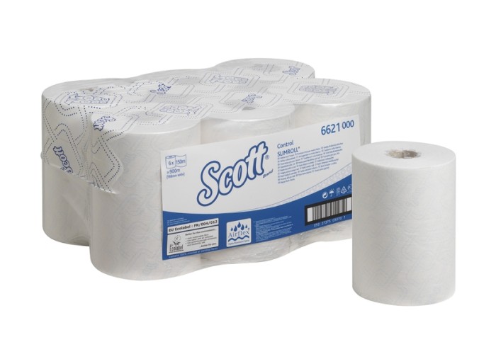 6621 Бумажные полотенца Scott Control Slimrol, 6 рул. x 150 м, однослойные, белые, 32 г/м²