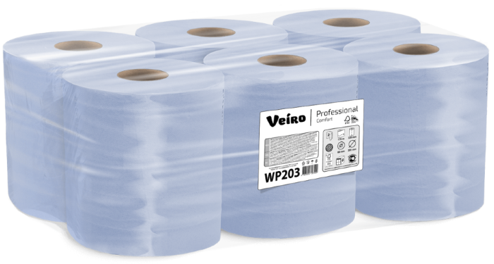 WP203 Протирочная бумага в рулонах с центральной вытяжкой Veiro Professional Comfort,  2 рул. х 175 м, 35 × 22 см, двухслойная, синяя, 40 г/м²