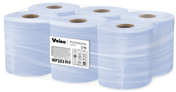 WP203 Протирочная бумага в рулонах с центральной вытяжкой Veiro Professional Comfort,  2 рул. х 175 м, 35 × 22 см, двухслойная, синяя, 40 г/м²