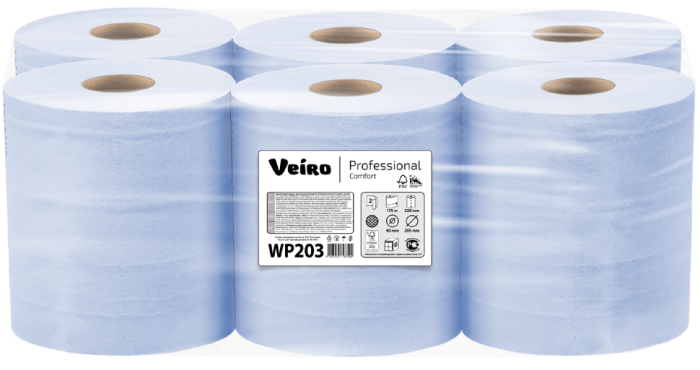 WP203 Протирочная бумага в рулонах с центральной вытяжкой Veiro Professional Comfort,  2 рул. х 175 м, 35 × 22 см, двухслойная, синяя, 40 г/м²
