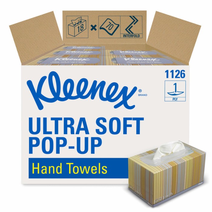 1126 Бумажные полотенца Kleenex Ultra Soft Pop-Up, 18 пач. х 70 л, 26 × 22.6 см, однослойные, белые, 61,85 г/м²
