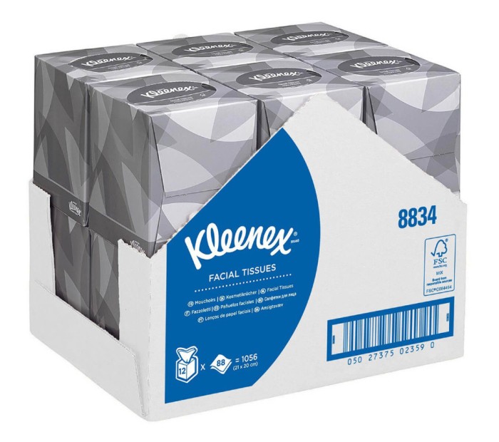 8834 Салфетки косметические для лица Kleenex, 12 кор. х 88 л, 21 × 20 см, двухслойные, белые, 31,2 г/м²