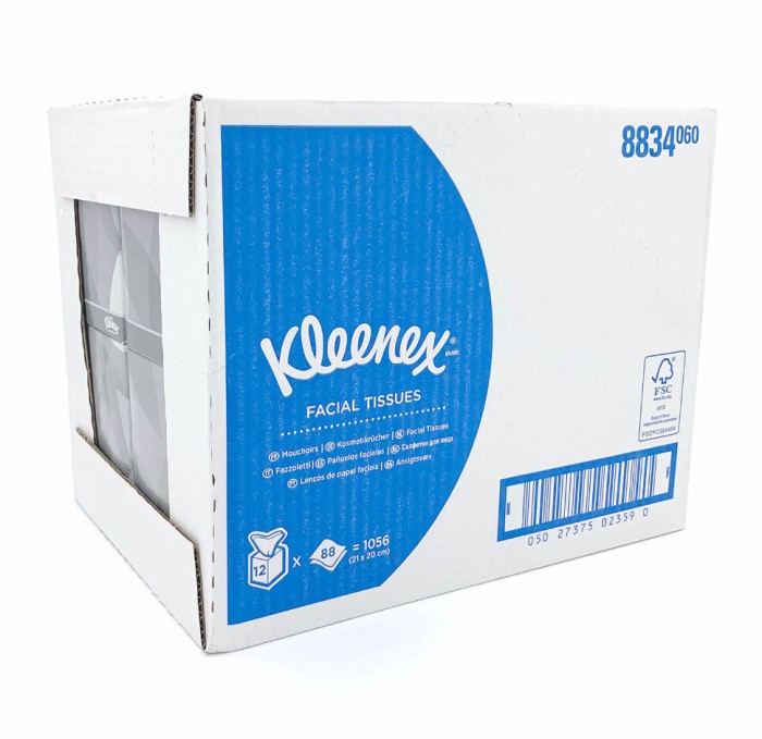 8834 Салфетки косметические для лица Kleenex, 12 кор. х 88 л, 21 × 20 см, двухслойные, белые, 31,2 г/м²