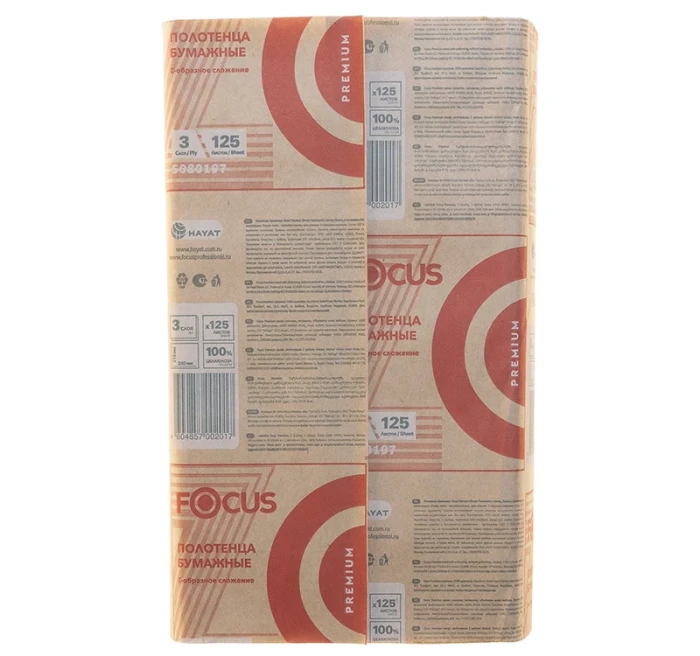 5080197 Бумажные полотенца FOCUS PREMIUM Z-сложение, 12 пач. х 125 л, 24 × 21.5 см, трехслойные, белые