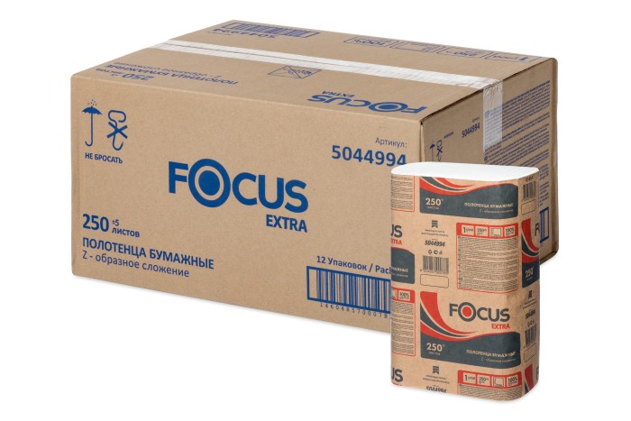5069958 Бумажные полотенца FOCUS Extra Z-Сложения, 12 пач. х 250 л, 24 × 21.5 см,однослойные, белые, 35 г/м² (5044994)