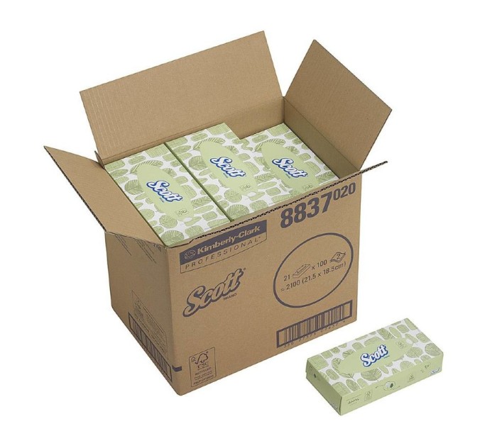 8837 Салфетки косметические для лица Scott, 21 кор. х 100 л, 21.5 × 18.6 см, двухслойные, белые, 28 г/м²