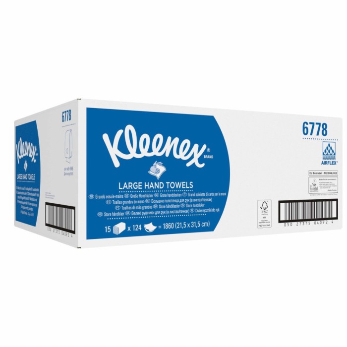 6778 Бумажные полотенца Kleenex, 15 пач. х 124 л, 31.8 × 21.5 см, двухслойные, белые, 38.5 г/м²