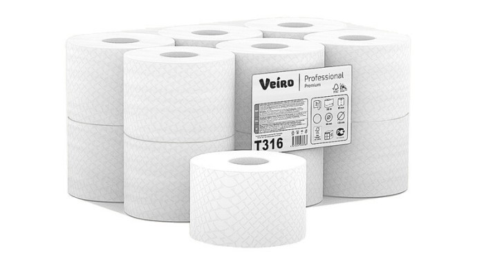 T316 Туалетная бумага Veiro Professional Premium в стандартных рулонах, 12 рул. х 50 м, двухслойная, белая, 33 г/м²