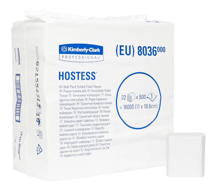 8036 Туалетная бумага Hostess, 32 пач. х 500 л, 18.6 × 11 см, однослойная, белая, 20 г/м²