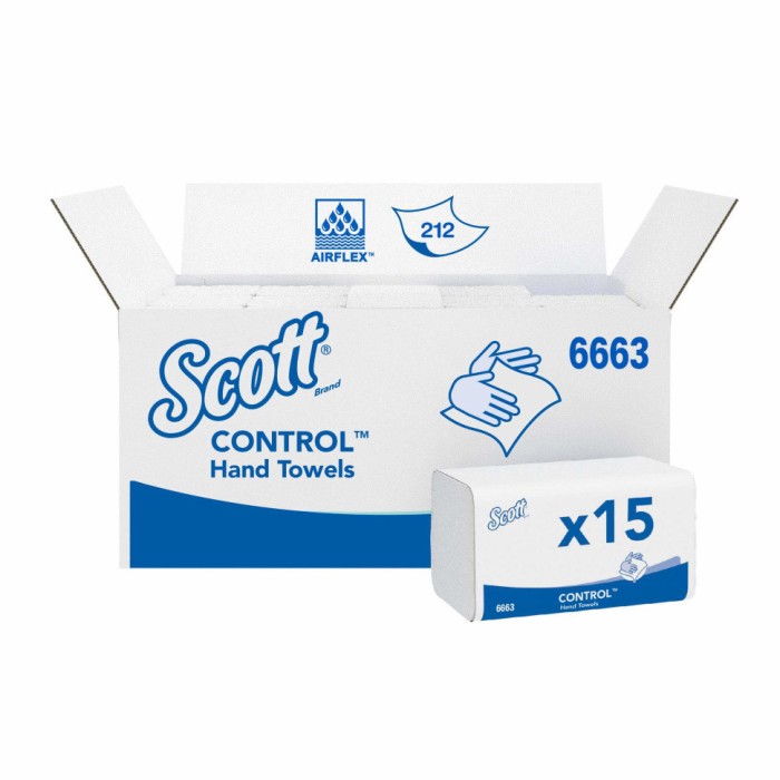 6663 Бумажные полотенца Scott Perfomance, 15 пач. х 212 л, 31.5 × 21.5 см, однослойные, белые, 35 г/м²