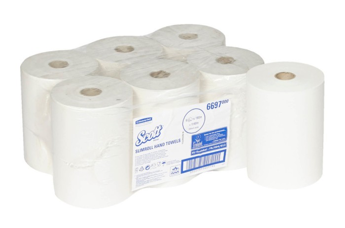 6697 Бумажные полотенца Scott Slimroll, 6 рул. x 190 м, однослойные, белые, 25 г/м²